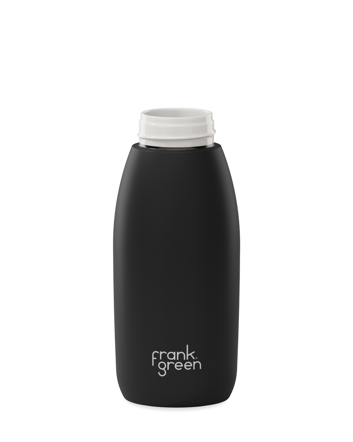 A matte black 34oz frank green Edition II water bottle base with a white threaded neck and the 'frank green' logo near the bottom, shown without a lid on a plain white background.