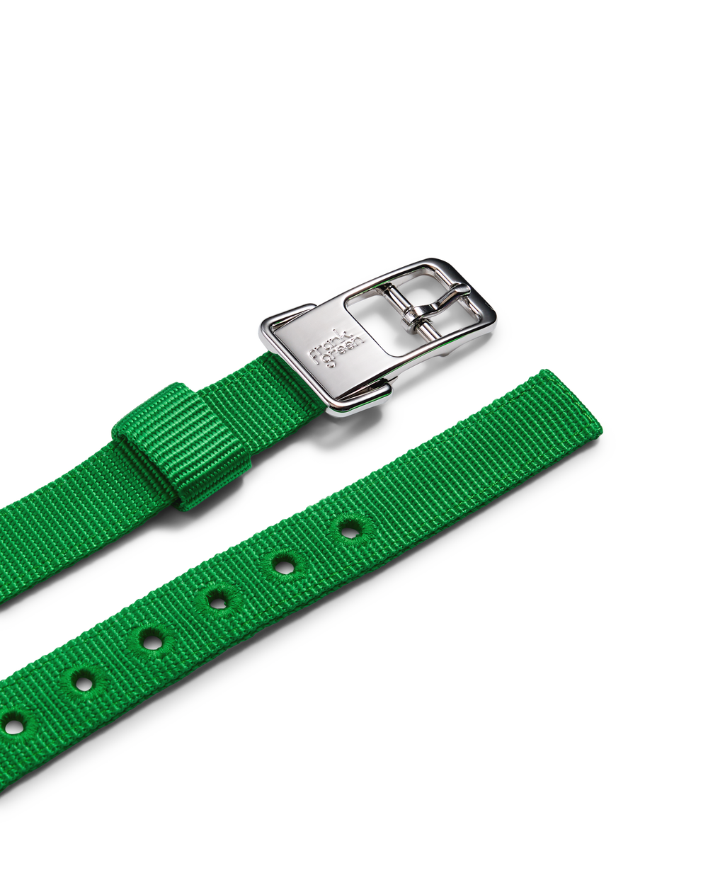 A bright green nylon watch strap with a polished silver-tone buckle, shown on a clean white background.