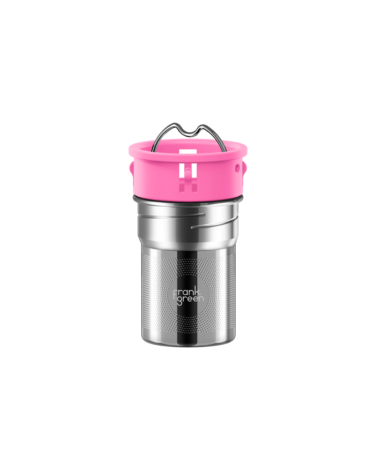 A stainless steel travel tumbler with a bright pink lid and handle, shown on a solid white background. The brand name 'frank grill' is printed on the front of the cup.