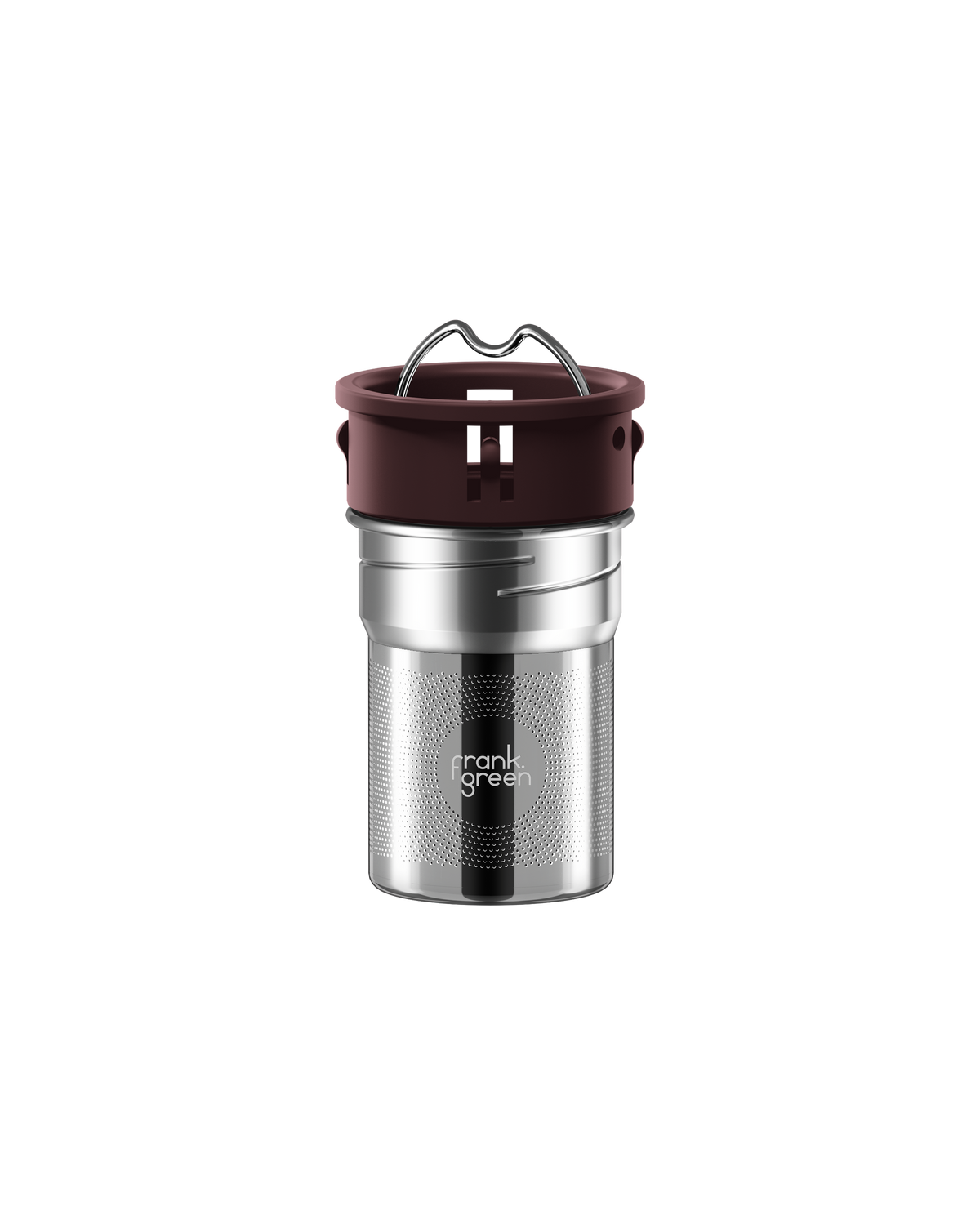 A stainless steel travel tumbler with a dark brown silicone lid and a metal carrying loop, featuring the 'frank grill' logo on the front, set against a plain white background.