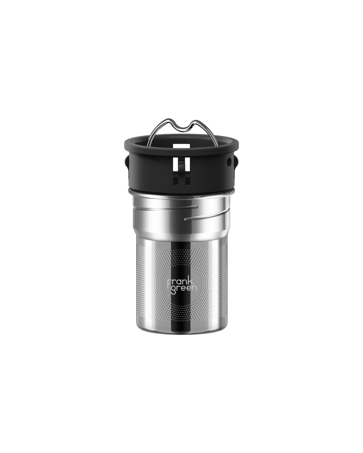 A stainless steel travel tumbler with a black lid and a metal carrying loop, featuring the 'frank grill' logo on the front, set against a plain white background.