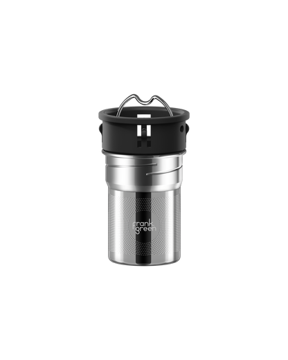 A stainless steel travel tumbler with a black lid and a metal carrying loop, featuring the 'frank grill' logo on the front, set against a plain white background.