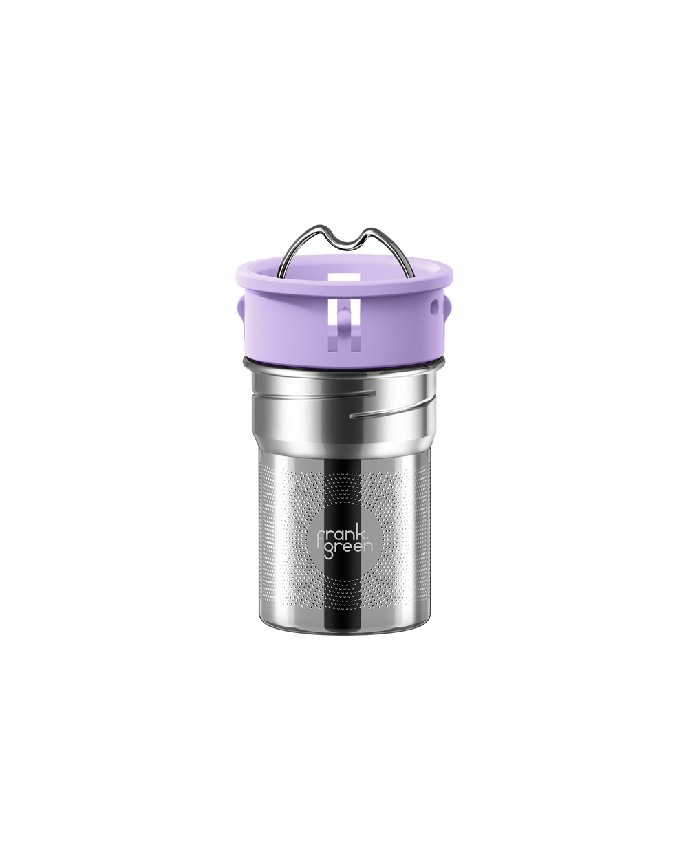 A stainless steel travel tumbler with a lavender purple lid and carrying handle, featuring the 'frank grill' logo on the lower front, set against a solid white background.