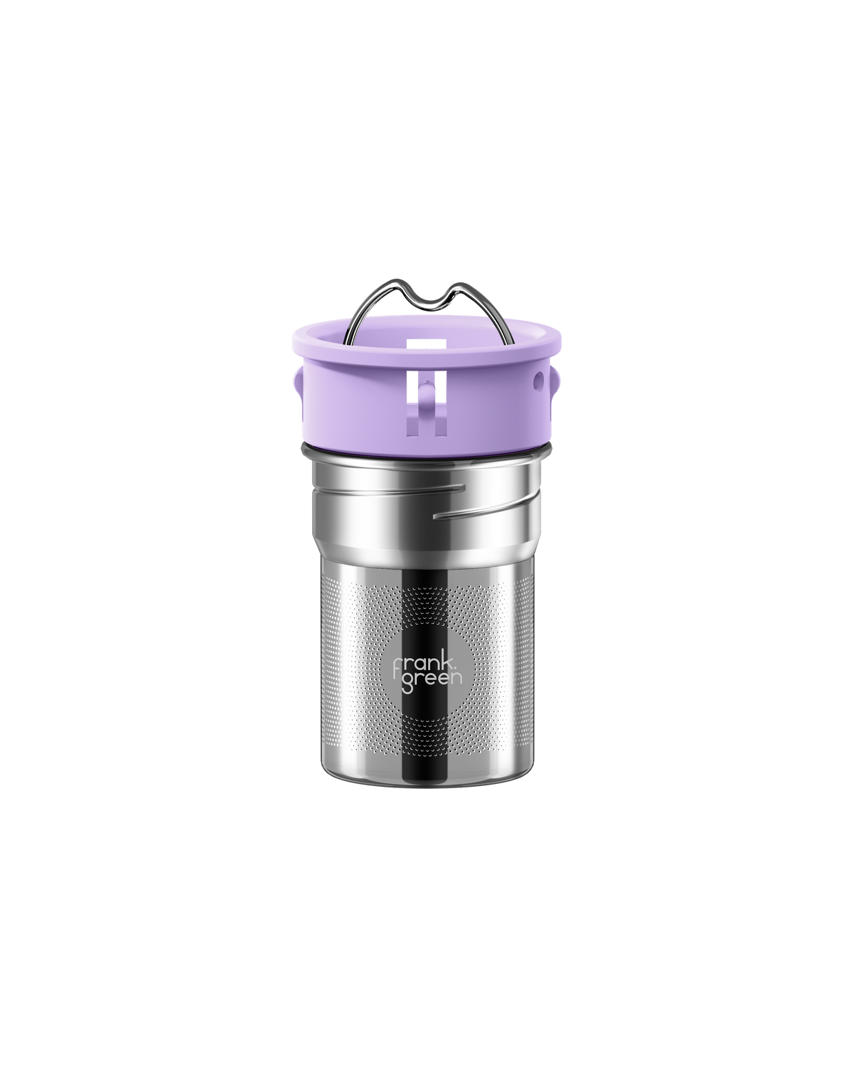 A stainless steel travel tumbler with a lavender purple lid and carrying handle, featuring the 'frank grill' logo on the lower front, set against a solid white background.