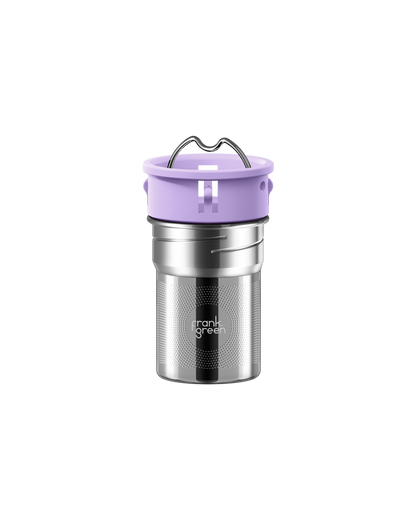 A stainless steel travel tumbler with a lavender purple lid and carrying handle, featuring the 'frank grill' logo on the lower front, set against a solid white background.