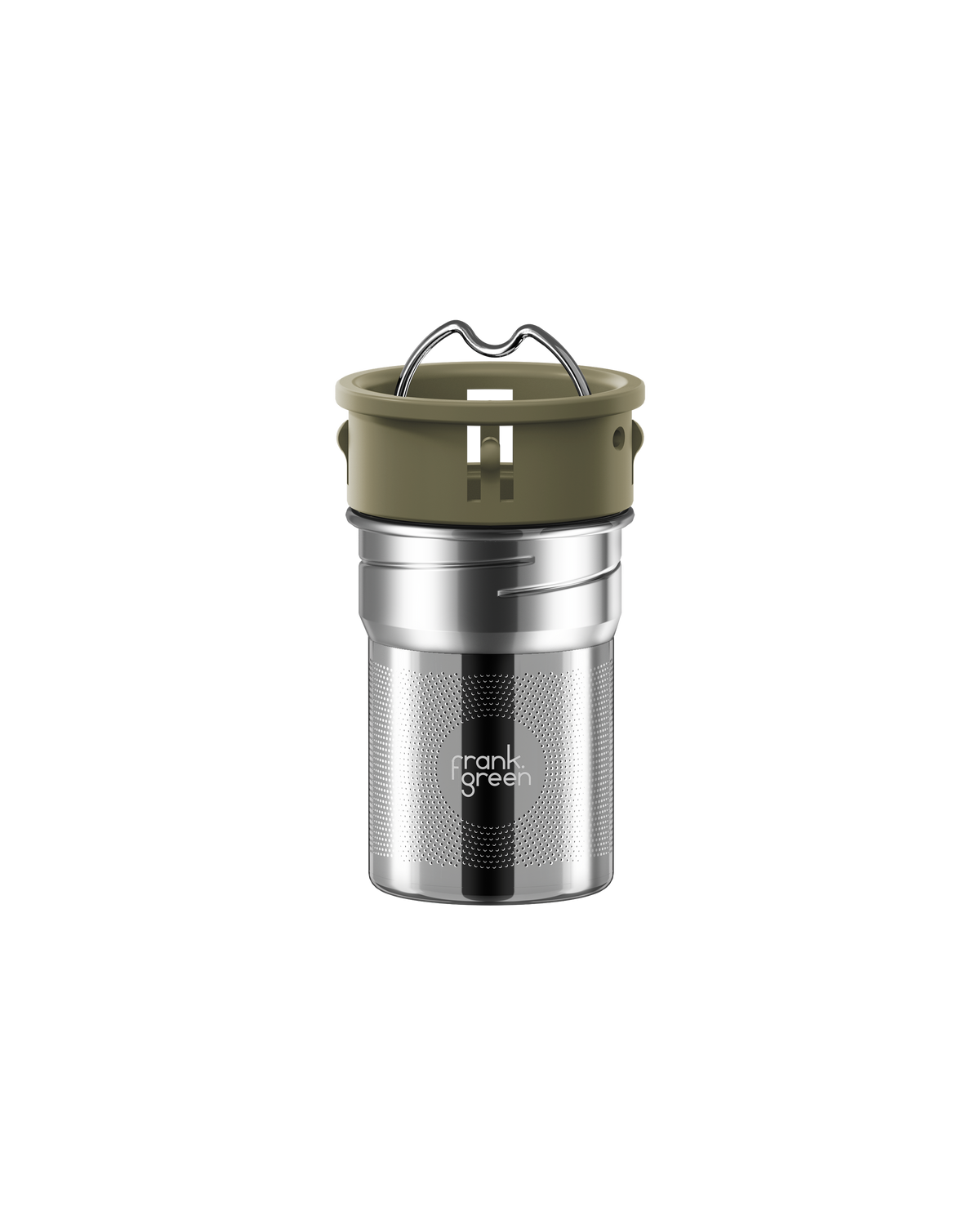 A stainless steel travel tumbler with an olive green lid and handle, featuring the 'frank grill' logo on the front, set against a solid white background.