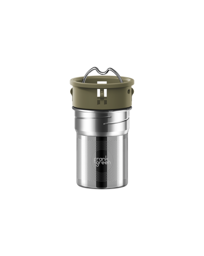 A stainless steel travel tumbler with an olive green lid and handle, featuring the 'frank grill' logo on the front, set against a solid white background.