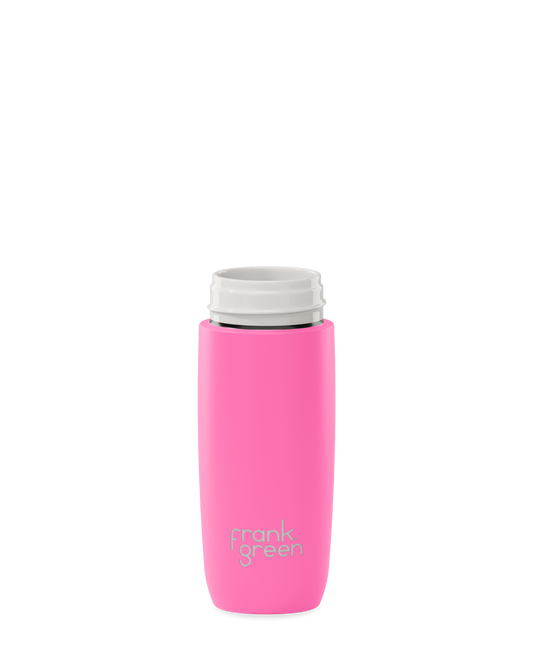A bright pink 12oz frank green Edition II water bottle base with a white threaded neck and the 'frank green' logo near the bottom, shown without a lid on a plain white background.