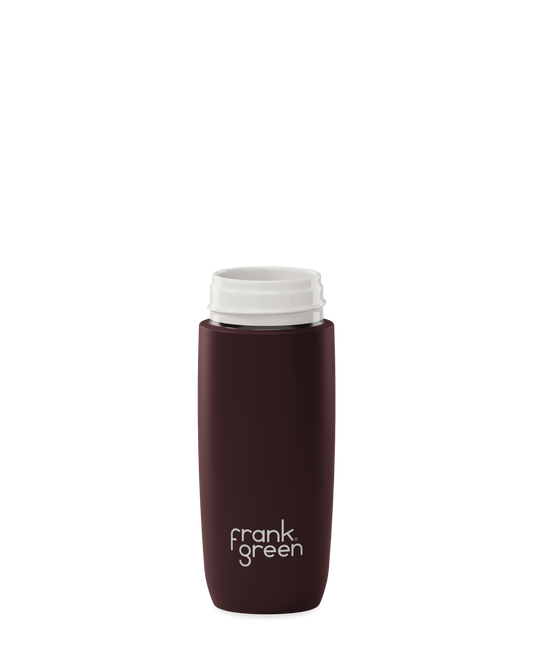 A dark brown 12oz frank green Edition II water bottle base with a white threaded neck and the 'frank green' logo near the bottom, shown without a lid on a plain white background.