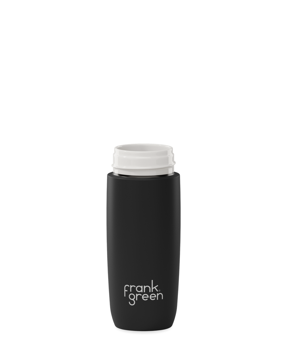 A matte black 12oz frank green Edition II water bottle base with a white threaded neck and the 'frank green' logo near the bottom, shown without a lid on a plain white background.