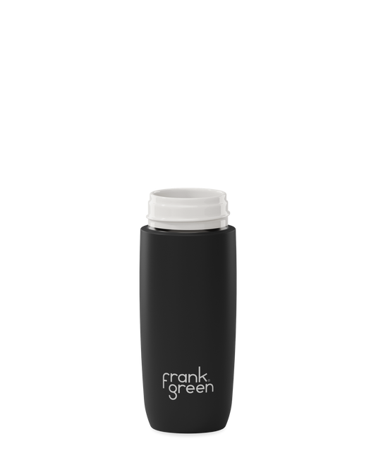 A matte black 12oz frank green Edition II water bottle base with a white threaded neck and the 'frank green' logo near the bottom, shown without a lid on a plain white background.