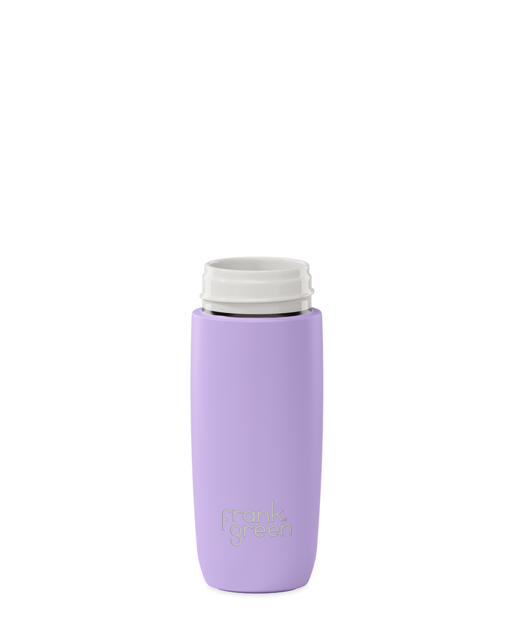 A lavender purple 12oz frank green Edition II water bottle base with a white threaded neck and the 'frank green' logo near the bottom, shown without a lid on a plain white background.