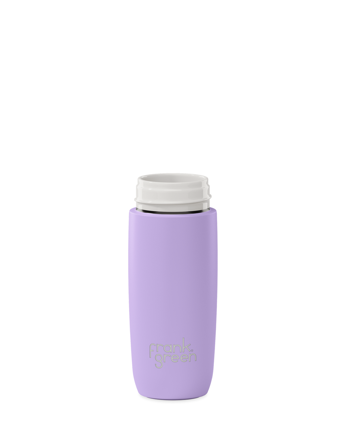 A lavender purple 12oz frank green Edition II water bottle base with a white threaded neck and the 'frank green' logo near the bottom, shown without a lid on a plain white background.