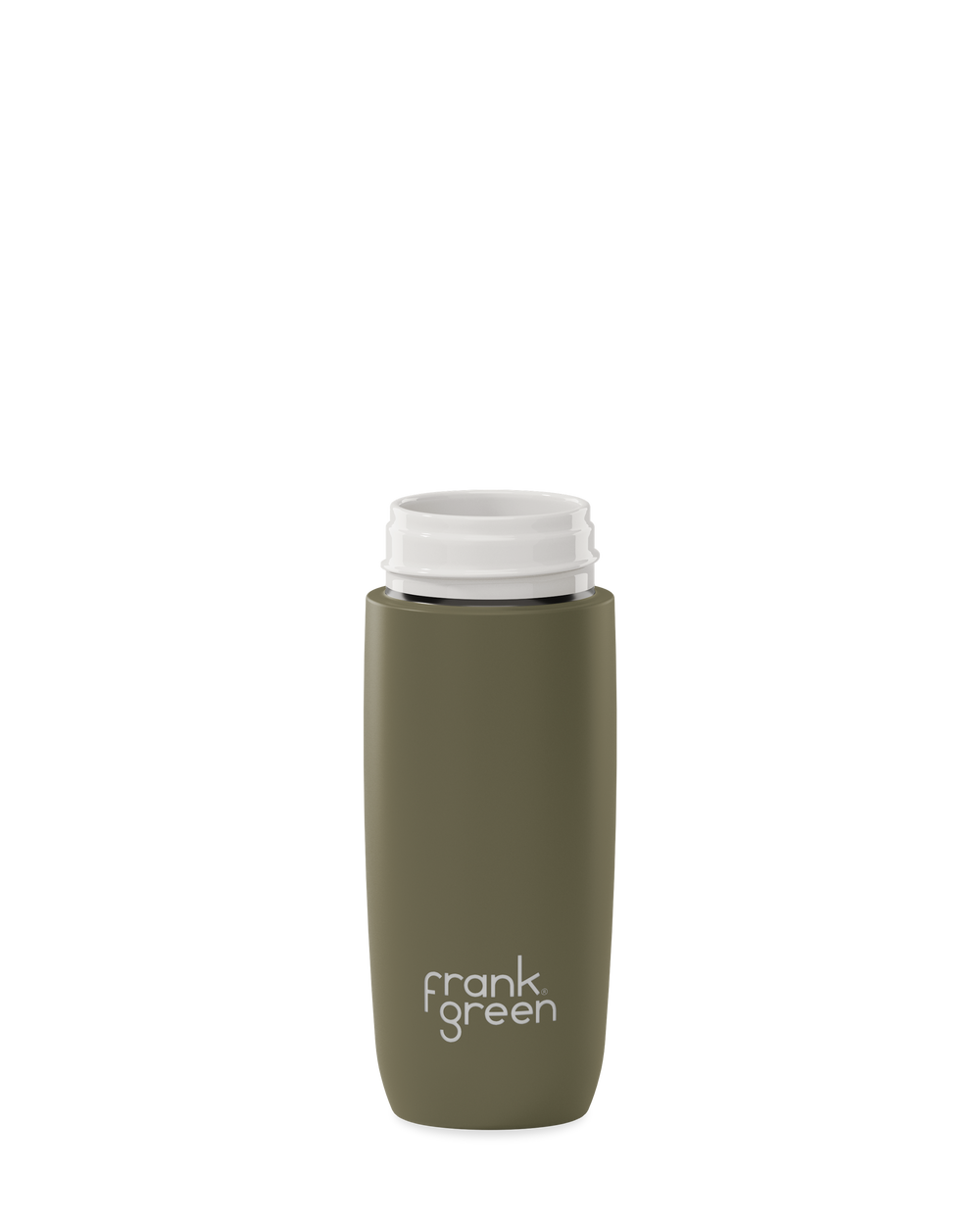 An olive green 12oz frank green Edition II water bottle base with a white threaded neck and the 'frank green' logo near the bottom, shown without a lid on a plain white background.