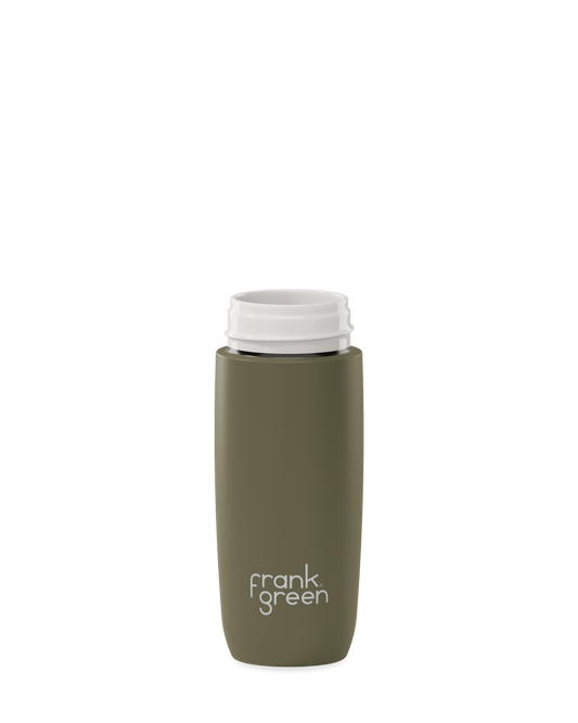 An olive green 12oz frank green Edition II water bottle base with a white threaded neck and the 'frank green' logo near the bottom, shown without a lid on a plain white background.