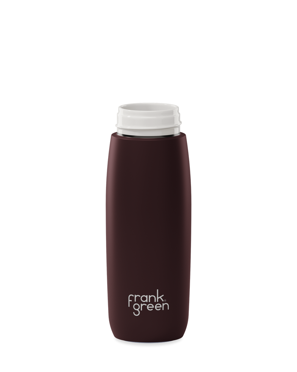 A dark brown 20oz frank green Edition II water bottle base with a white threaded neck and the 'frank green' logo near the bottom, shown without a lid on a plain white background.