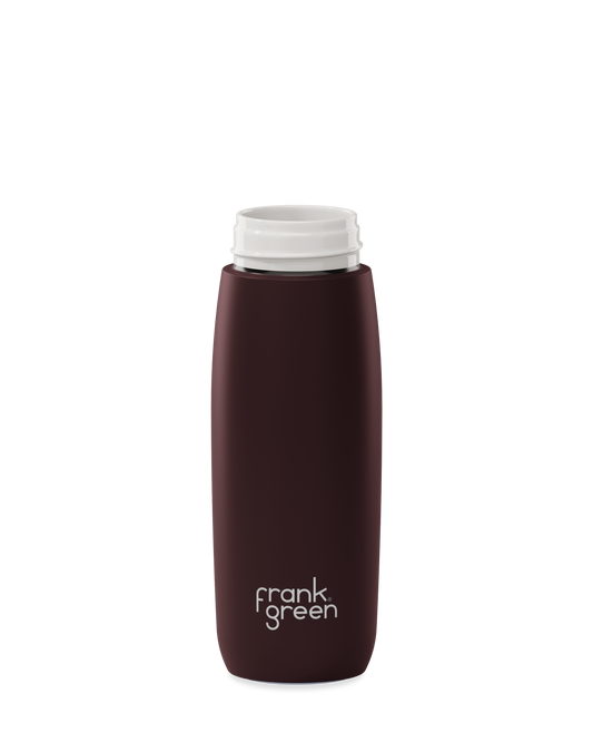 A dark brown 20oz frank green Edition II water bottle base with a white threaded neck and the 'frank green' logo near the bottom, shown without a lid on a plain white background.