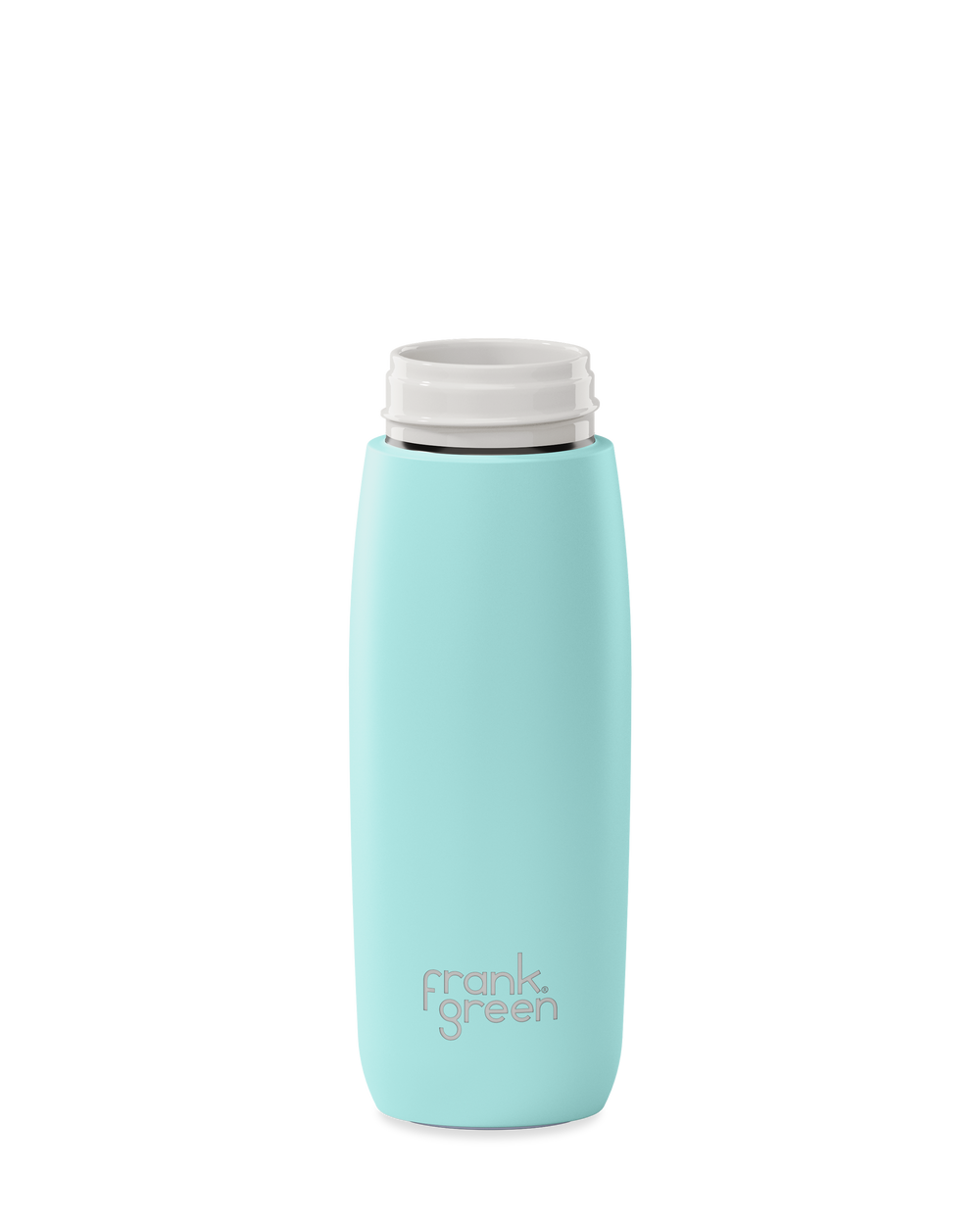 A mint green 20oz frank green Edition II water bottle base with a white threaded neck and the 'frank green' logo near the bottom, shown without a lid on a plain white background.