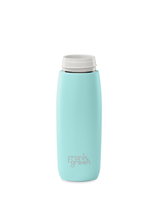 A mint green 20oz frank green Edition II water bottle base with a white threaded neck and the 'frank green' logo near the bottom, shown without a lid on a plain white background.