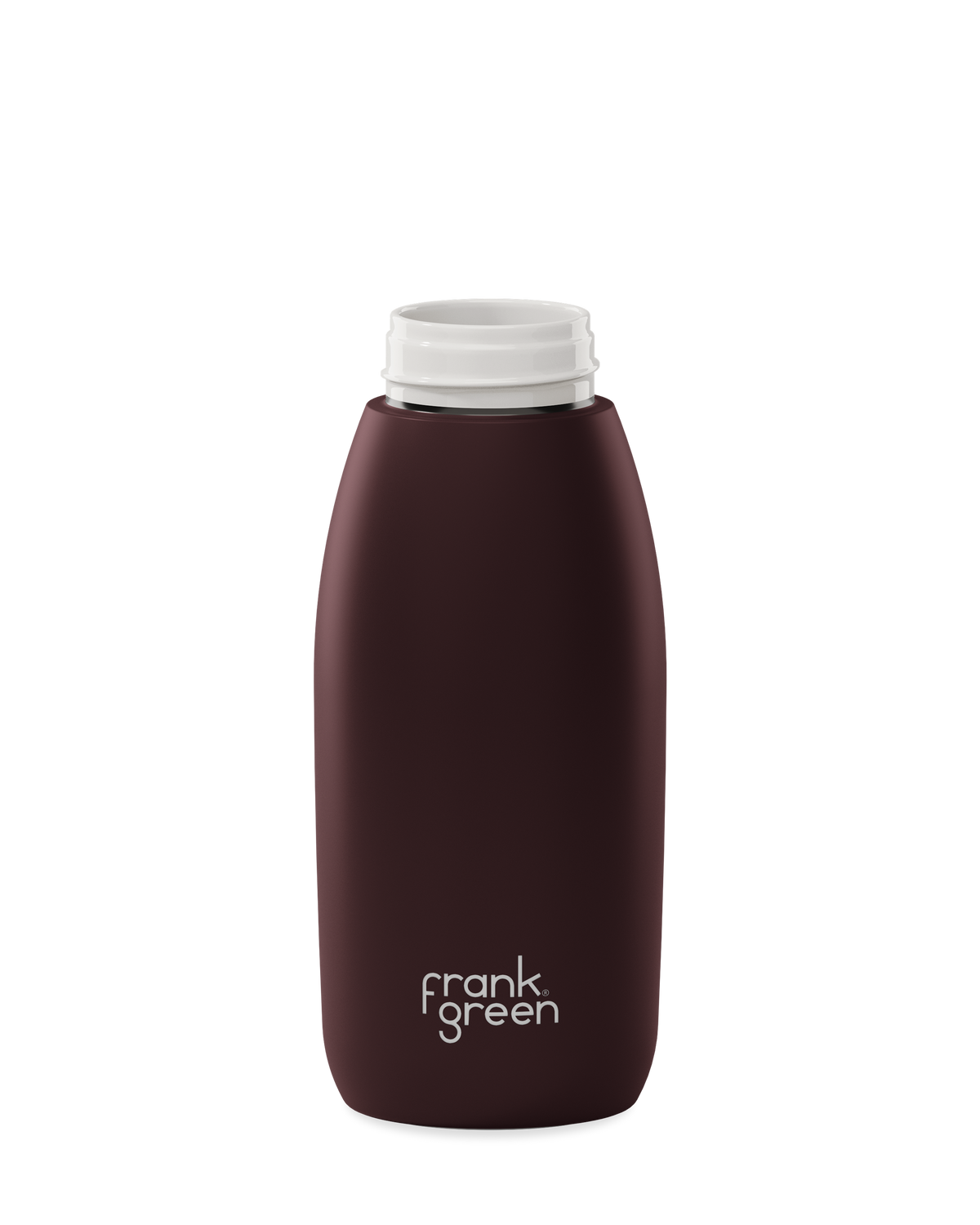A dark brown 34oz frank green Edition II water bottle base with a white threaded neck and the 'frank green' logo near the bottom, shown without a lid on a plain white background.