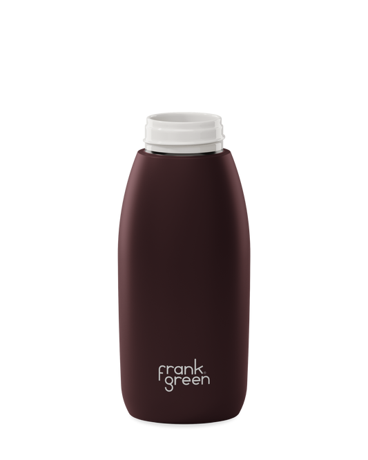 A dark brown 34oz frank green Edition II water bottle base with a white threaded neck and the 'frank green' logo near the bottom, shown without a lid on a plain white background.