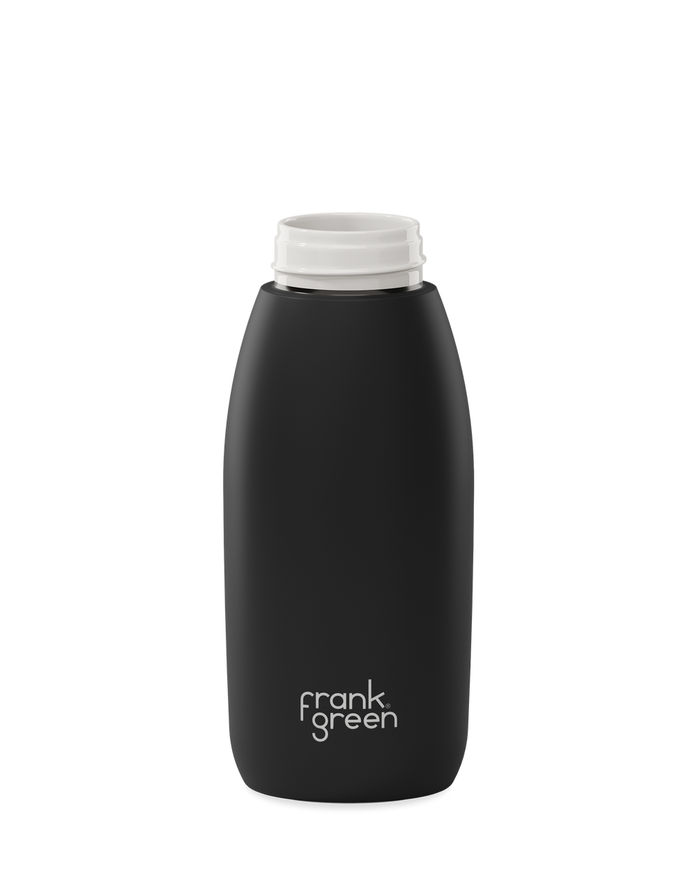 A matte black 34oz frank green Edition II water bottle base with a white threaded neck and the 'frank green' logo near the bottom, shown without a lid on a plain white background.