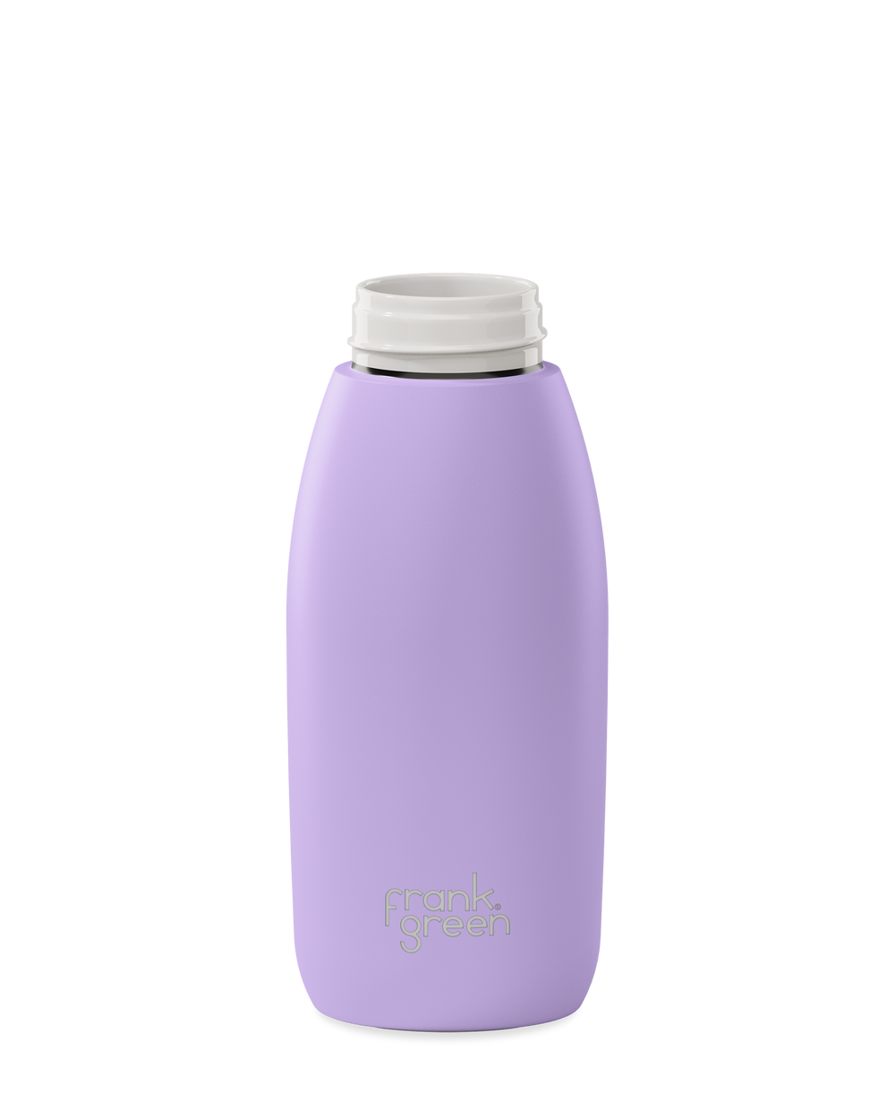 A lavender purple 34oz frank green Edition II water bottle base with a white threaded neck and the 'frank green' logo near the bottom, shown without a lid on a plain white background.