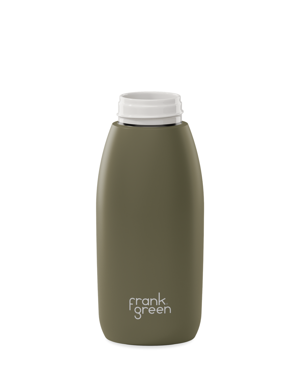 An olive green 34oz frank green Edition II water bottle base with a white threaded neck and the 'frank green' logo near the bottom, shown without a lid on a plain white background.