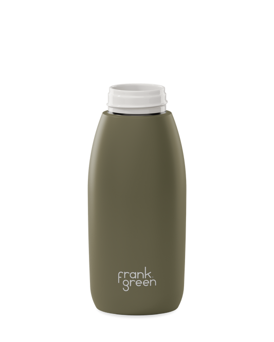 An olive green 34oz frank green Edition II water bottle base with a white threaded neck and the 'frank green' logo near the bottom, shown without a lid on a plain white background.