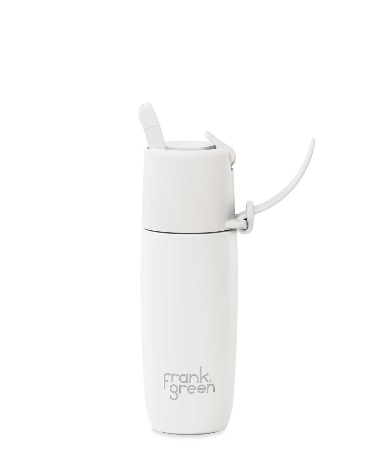 A white insulated water bottle with a flip-top lid and carrying loop, featuring the 'frank green' logo near the bottom, shown on a solid white background.