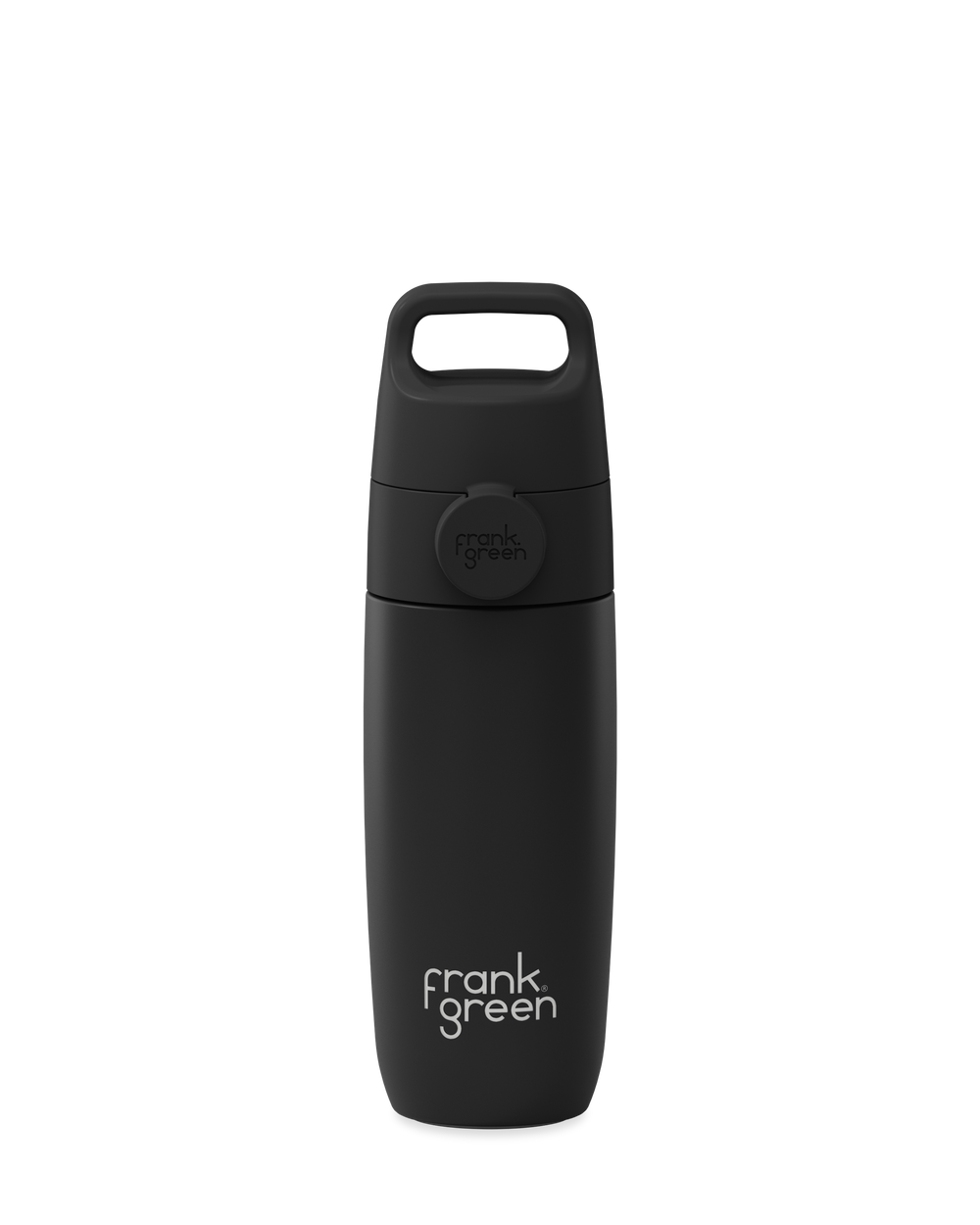 A matte black 12oz insulated water bottle with a Grip & Sip lid and built-in carry handle.