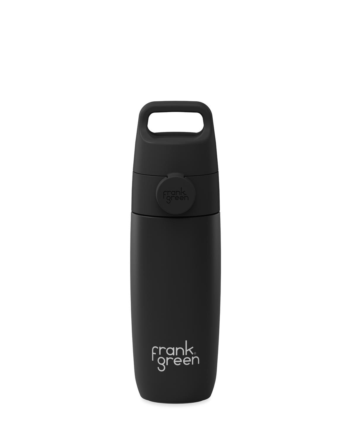 A matte black 12oz insulated water bottle with a Grip & Sip lid and built-in carry handle.