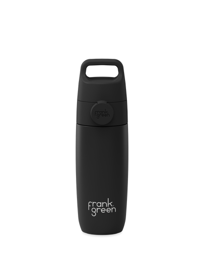 A matte black 12oz insulated water bottle with a Grip & Sip lid and built-in carry handle.