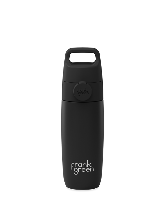 Graphite | A matte black 12oz insulated water bottle with a Grip & Sip lid and built-in carry handle.