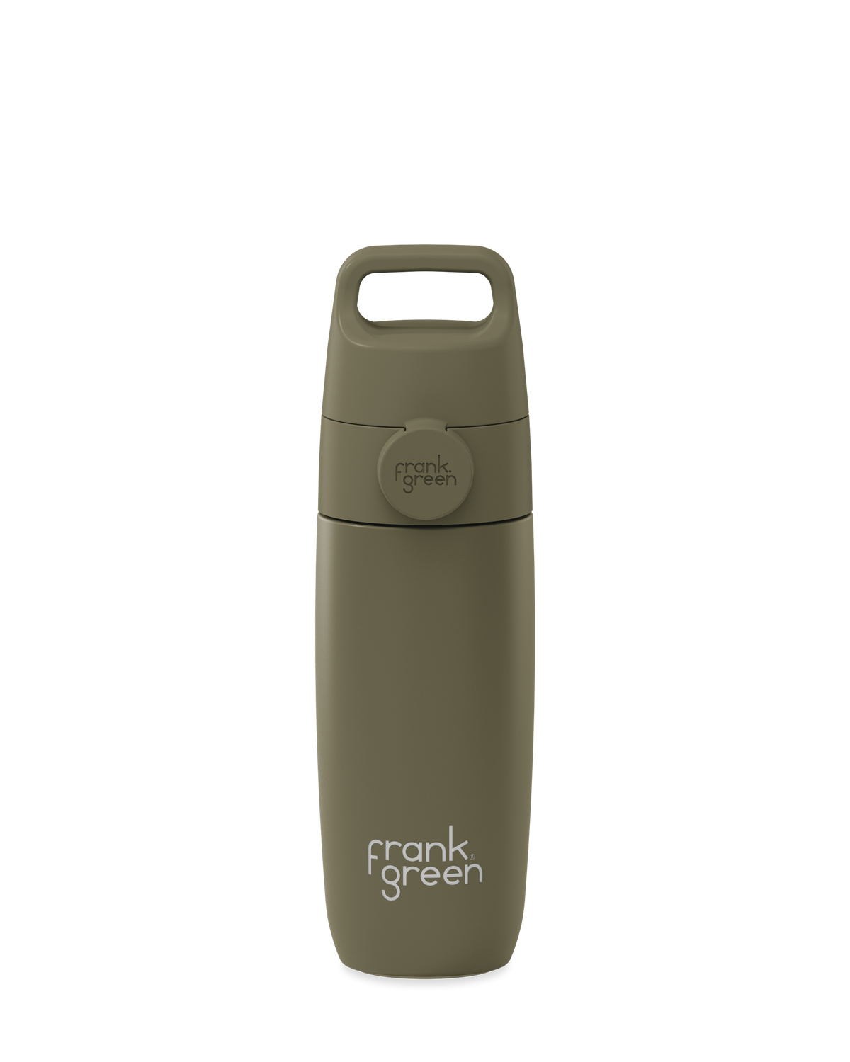 An olive green 12oz insulated water bottle with a Grip & Sip lid and built-in carry handle.