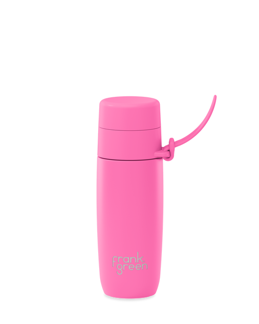 A bright pink color, 12oz reusable water bottle with a thermal lid