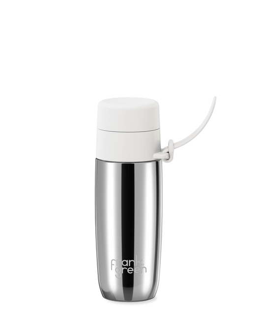 A silver metalic finish, 12oz reusable water bottle with a thermal lid
