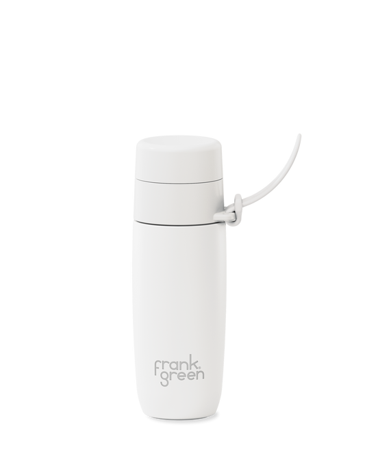 A white, 12oz reusable water bottle with a thermal lid