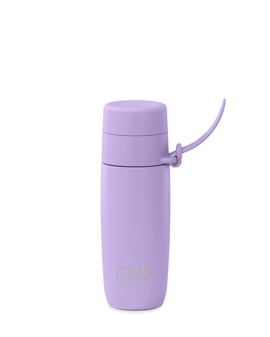 A bright lavendar color, 12oz reusable water bottle with a thermal lid