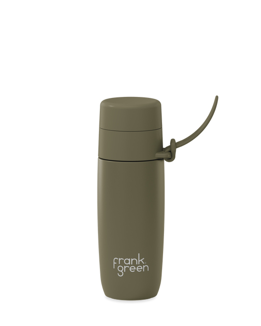 A dark olive green color, 12oz reusable water bottle with a thermal lid
