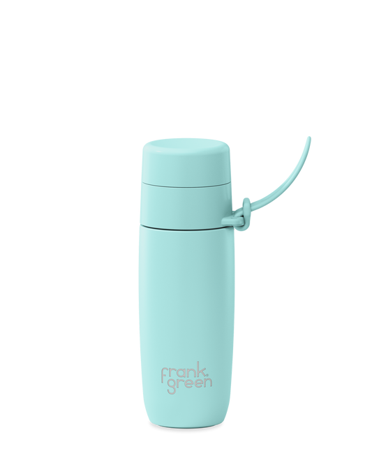 A bright blue mint color, 12oz reusable water bottle with a thermal lid