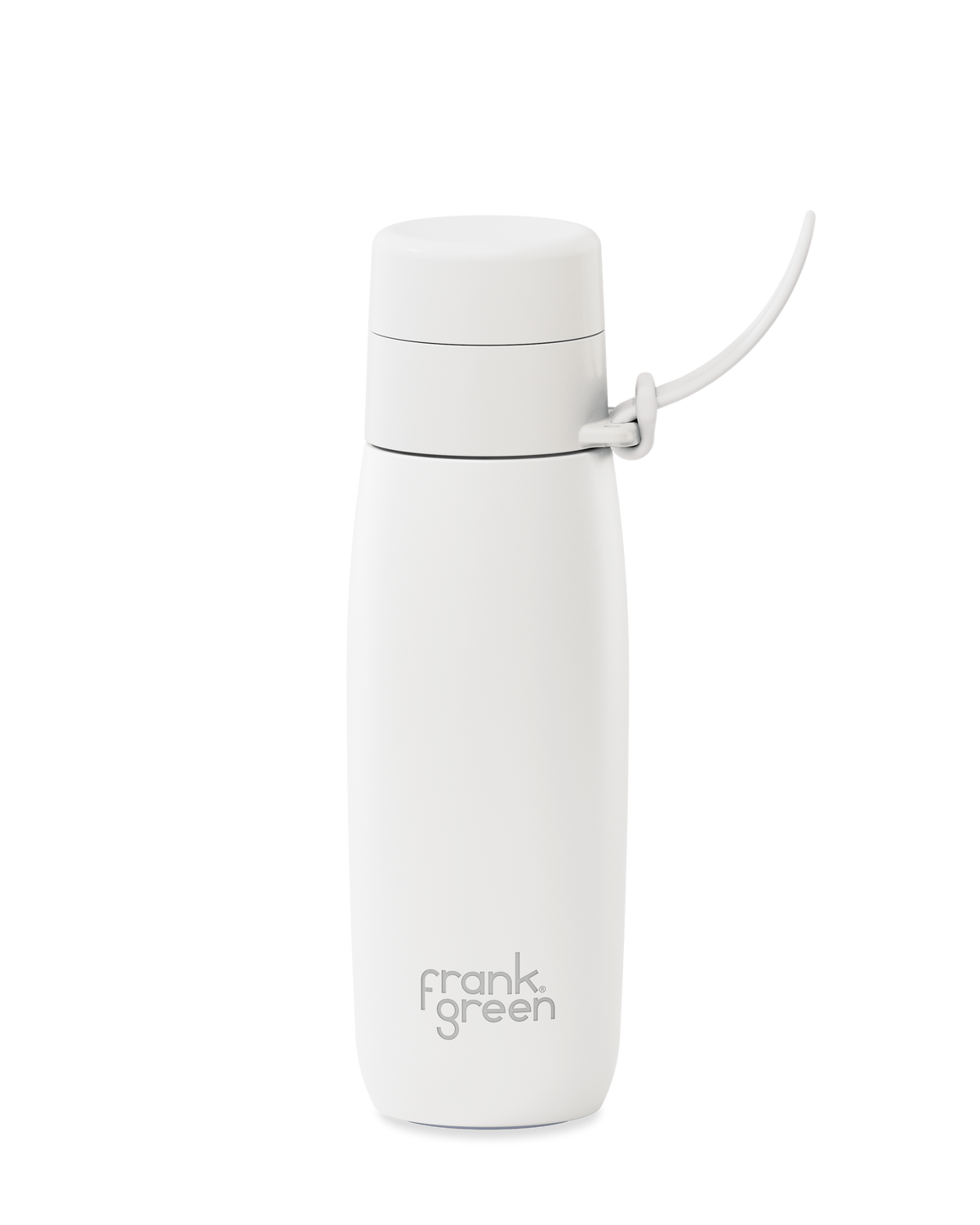 A white 20oz insulated water bottle with a thermal lid and carry strap.