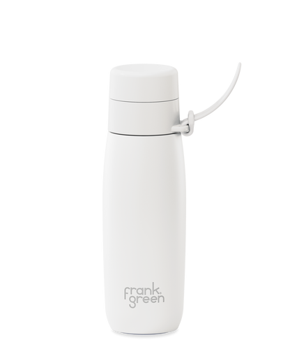 A white 20oz insulated water bottle with a thermal lid and carry strap.