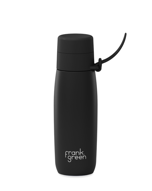 Graphite | A matte black 20oz insulated water bottle with a thermal lid and carry strap.