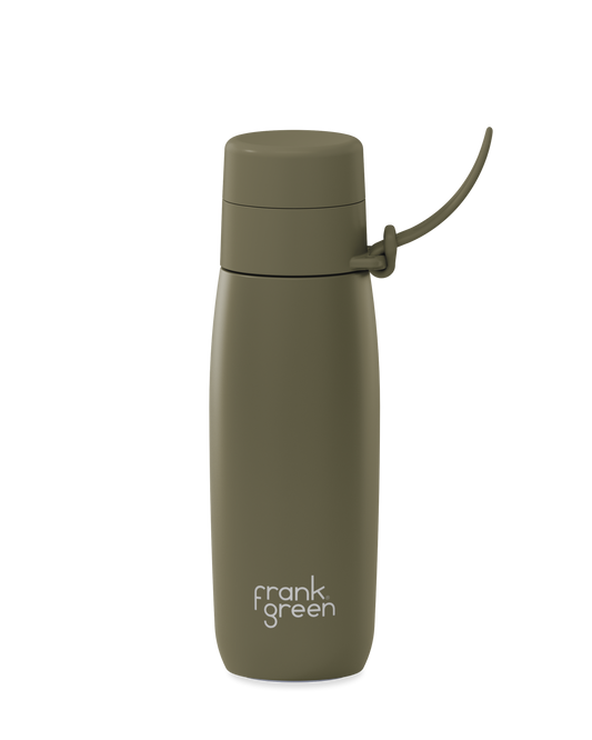 Moss | An olive green 20oz insulated water bottle with a thermal lid and carry strap.