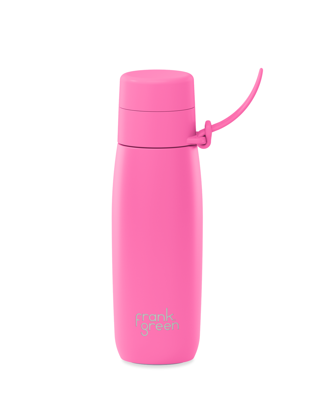 A bright pink 20oz insulated water bottle with a thermal lid and carry strap.