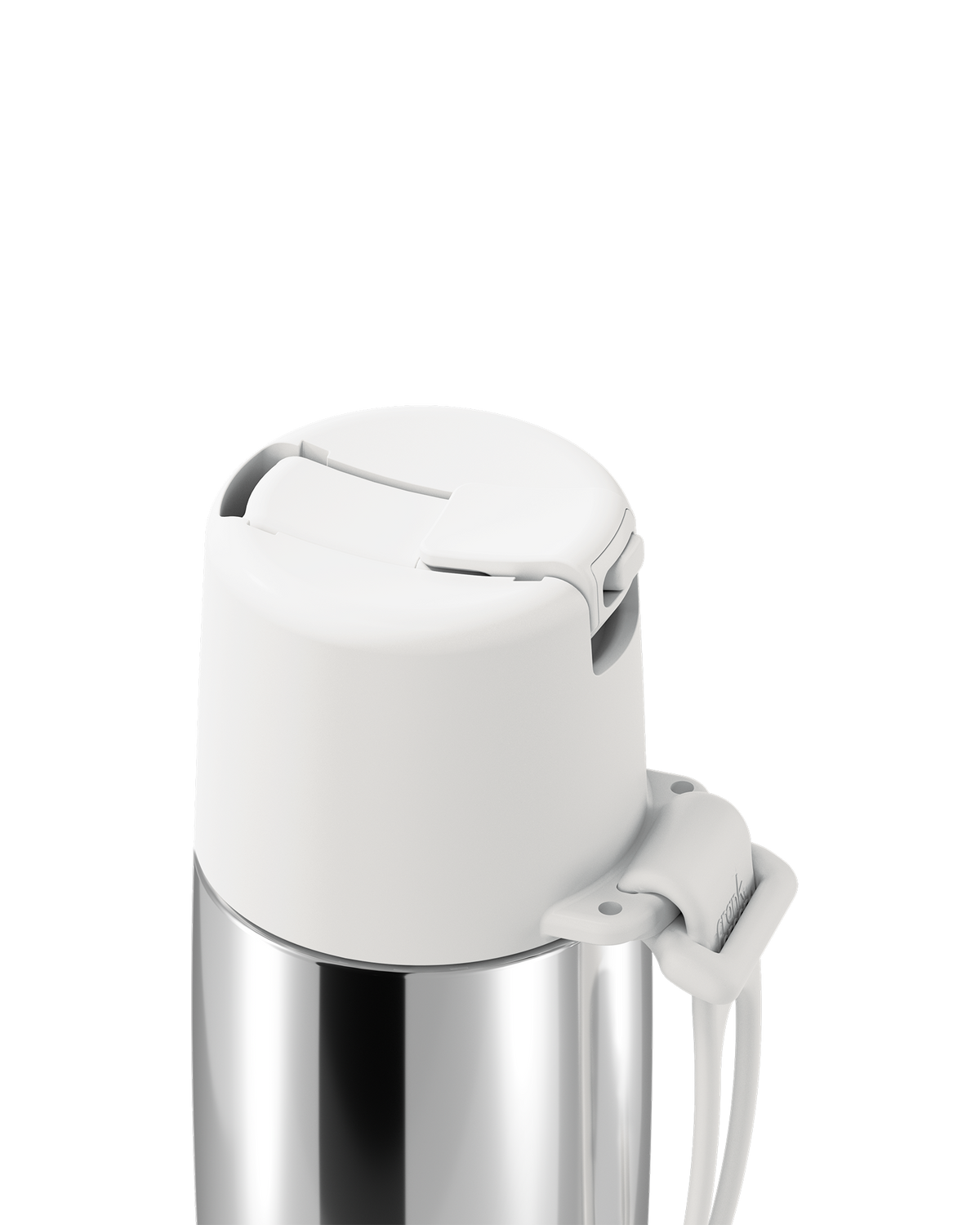 Close-up of a stainless steel bottle with a white flip-top lid and white carrying strap on a white background.