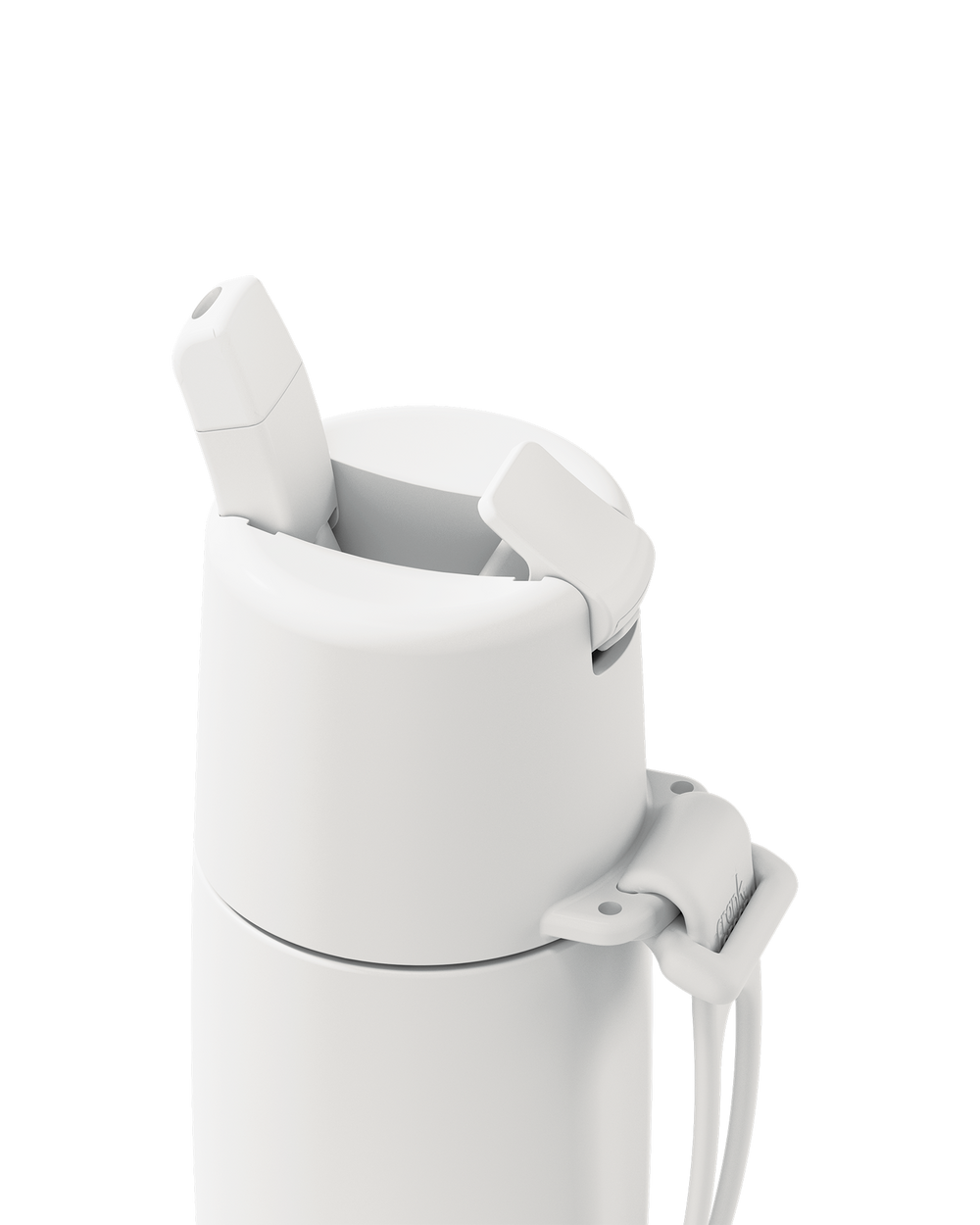 Close-up of a white insulated bottle lid with a flip-top straw opening and a small attached strap, shown on a clean white background.