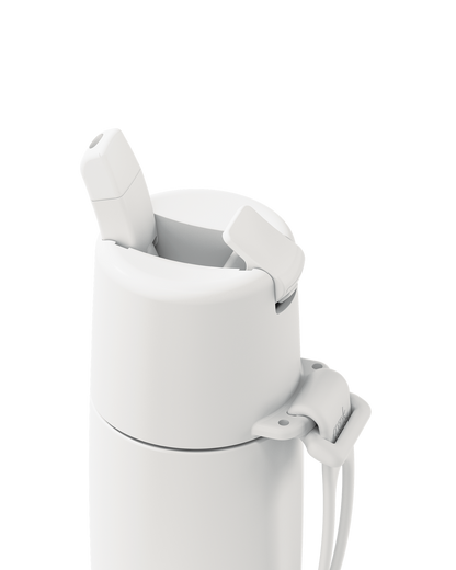 Close-up of a white insulated bottle lid with a flip-top straw opening and a small attached strap, shown on a clean white background.