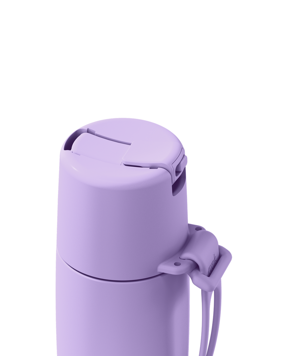 Close-up of a light purple insulated bottle lid with a flip-top spout and carrying loop, shown on a plain white background.
